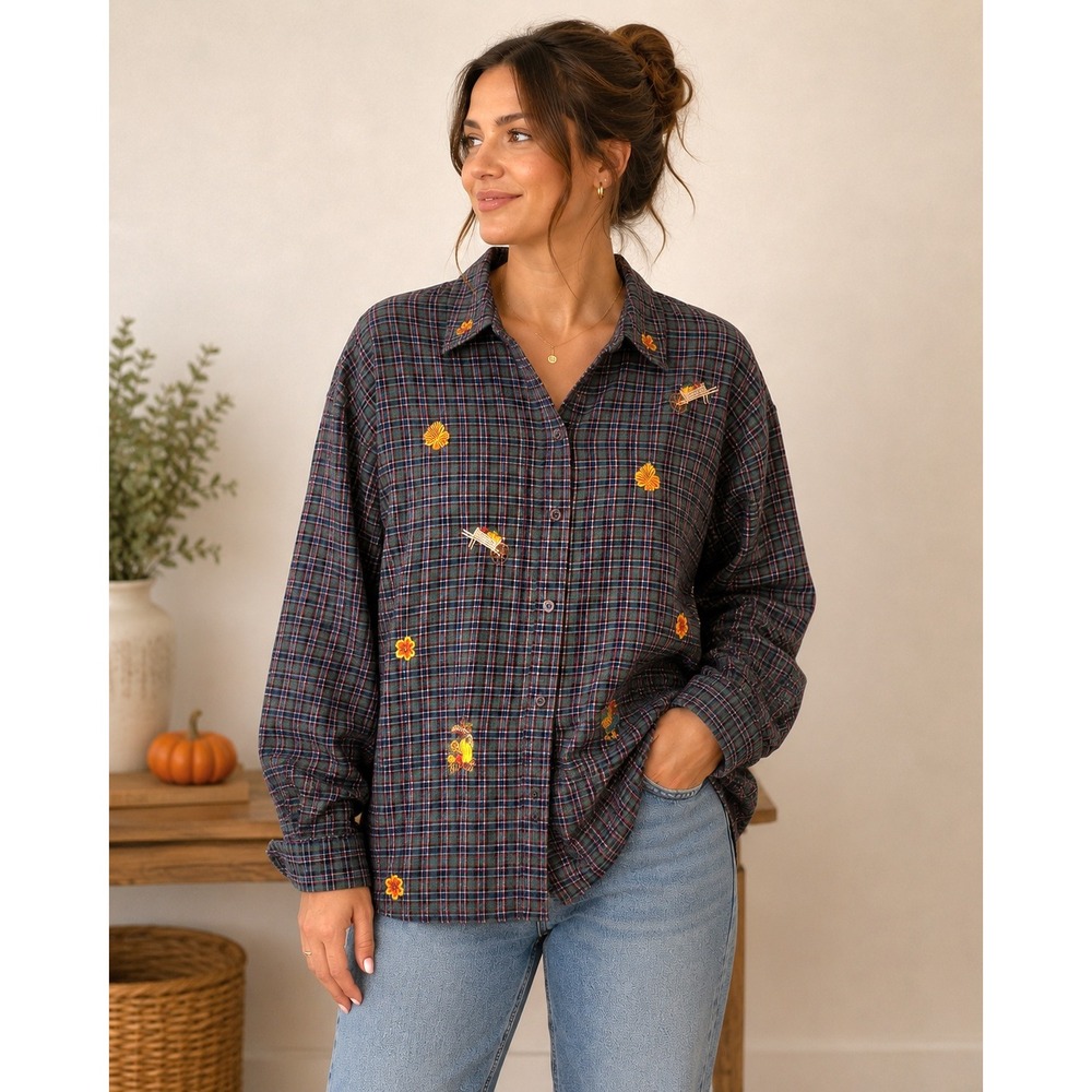Lemon Grass Button Up Shirt Womens Large Green Plaid Embroidered Thanksgiving
